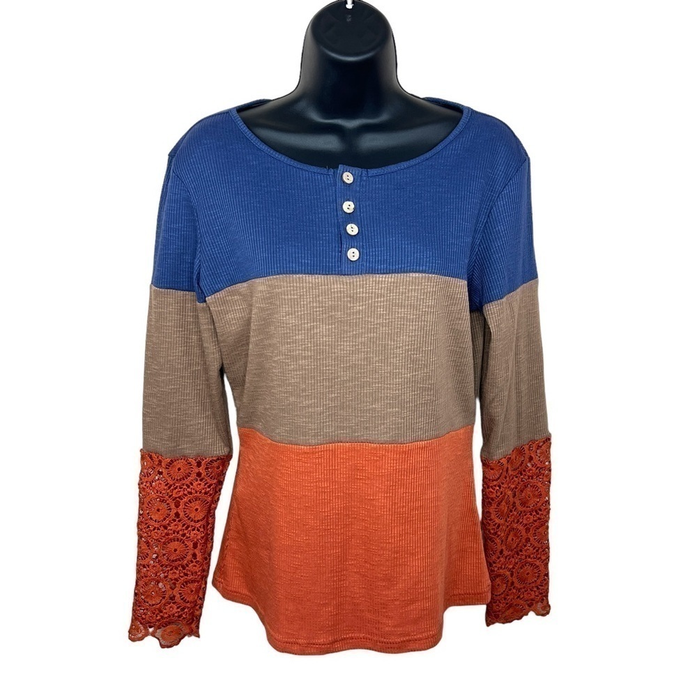 Medium Colorblock Waffle Knit Top Long Sleeve Lace Accent Stretch Striped